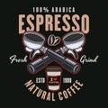 Espresso coffee vector emblem, logo, badge or label with portafilters. Illustration in colored style on dark background