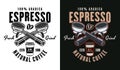 Espresso coffee vector emblem, logo, badge or label with portafilters in two styles black on white and colored