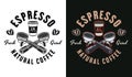 Espresso coffee vector emblem, logo, badge or label with portafilters in two styles black on white and colored