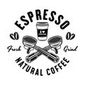 Espresso coffee vector emblem, logo, badge or label with portafilters in vintage monochrome style isolated on white