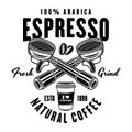 Espresso coffee vector emblem, logo, badge or label with portafilters in vintage monochrome style isolated on white