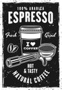 Espresso coffee vintage black poster template with portafilter and coffee paper cup vector illustration. Layered