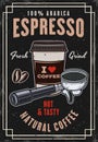 Espresso coffee vintage colored poster with portafilter and cup vector illustration. Layered, separate grunge texture