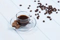 Espresso cup of coffee, sugar and beans Royalty Free Stock Photo