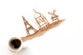 Espresso cup with hand drawing attractions of Paris, France. Coffee art or creative concept. Top view