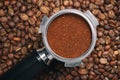 Espresso handle filled with ground coffee Royalty Free Stock Photo