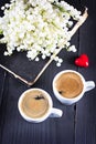 espresso, heart and bouquet of flowers