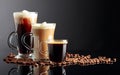 Espresso, latte macchiato and Irish coffee on black reflective background with coffee beans