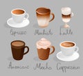 Espresso machiato latte americano mocha cappuccino set coffee menu cup drinks Royalty Free Stock Photo