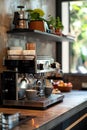 Espresso machine brewing fresh coffee in a stylish kitchen setting Royalty Free Stock Photo