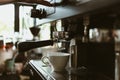 espresso machine in coffee shop counter offering freshly brewed coffee. coffee maker concept Royalty Free Stock Photo