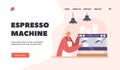 Espresso Machine Landing Page Template. Woman Barista Brewing Coffee. Waitress Pouring Hot Drink into Cup in Coffee Shop