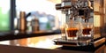 Espresso machine pouring coffee into glass cup in cafeteria.AI Generative Royalty Free Stock Photo