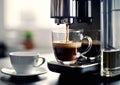 Espresso machine pouring coffee into glass cup in cafeteria.Macro.AI Generative Royalty Free Stock Photo