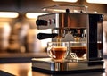 Espresso machine pouring coffee into glass cup in cafeteria.Macro.AI Generative Royalty Free Stock Photo