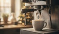 Espresso machine pouring fresh hot coffee into white cup Royalty Free Stock Photo