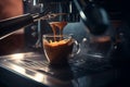 Espresso machine pours fresh black coffee closeup