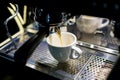 Espresso making with milk in cafeteria. Coffeemaking by barista in reataurant. Royalty Free Stock Photo