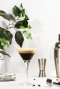 Espresso martini alcoholic cocktail with vodka, coffee liqueur, syrup and ice, white background, bar tools, copy space Royalty Free Stock Photo