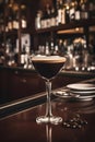 Espresso Martini Cocktail based on coffee, liqueur and vodka on a bar counter, served in an elegant martini glass, restaurant