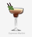 Espresso martini cocktail. Brown cocktail two straws and leaf mint vodka based alcohol digestif.