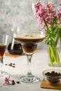 Espresso Martini cocktail drink. Alcohol cocktail with foam and coffee beans. Party drinks. Royalty Free Stock Photo