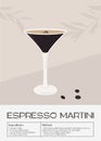 Espresso Martini Cocktail in glass with coffee beans. Retro print of summer aperitif recipe. Wall art poster with Royalty Free Stock Photo