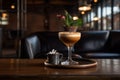 Espresso martini in glass on table at restaurant. Generative AI Royalty Free Stock Photo