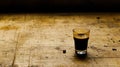 Espresso shot, rustic wood, dark cafe, coffee beans, menu background Royalty Free Stock Photo