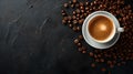 Top view of a fresh espresso surrounded by coffee beans on dark background. ideal for coffee shop menus and ads. warm Royalty Free Stock Photo