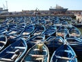Many blue boats in the fishing port of Essaouira, Morocco