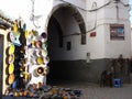 Sale of hand decorated plates in a street of Essaouira, Morocco