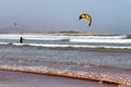 ESSAOUIRA, MOROCCO - JUNE 10, 2017: Kiteboarding activities on the Atlantic ocean waves in the Essaouira