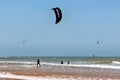 ESSAOUIRA, MOROCCO - JUNE 10, 2017: Kiteboarding activities on the Atlantic ocean waves in the Essaouira