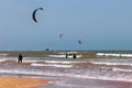 ESSAOUIRA, MOROCCO - JUNE 10, 2017: Kiteboarding activities on the Atlantic ocean waves in the Essaouira