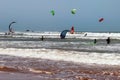 ESSAOUIRA, MOROCCO - JUNE 10, 2017: Kiteboarding activities on the Atlantic ocean waves in the Essaouira