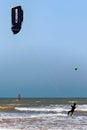 ESSAOUIRA, MOROCCO - JUNE 10, 2017: Kiteboarding activities on the Atlantic ocean waves in the Essaouira