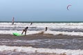 ESSAOUIRA, MOROCCO - JUNE 10, 2017: Kiteboarding activities on the Atlantic ocean waves in the Essaouira