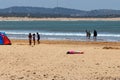 ESSAOUIRA, MOROCCO - JUNE 10, 2017: Sand beach with the resting people on the Atlantic coast