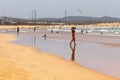 ESSAOUIRA, MOROCCO - JUNE 10, 2017: Sand beach with the resting people on the Atlantic coast