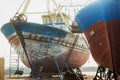 Essaouira port, boats, ships along the coast. Morocco