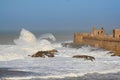 Essaouira Ramparts aerial panoramic view in Essaouira, Morocco with big waves. Essaouira is a city in the western