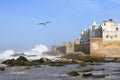 Essaouira Ramparts aerial panoramic view in Essaouira, Morocco with big waves. Essaouira is a city in the western Royalty Free Stock Photo