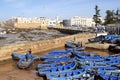 Essaouira Ramparts aerial panoramic view in Essaouira, Morocco with traditional blue fishing ships. Essaouira is a city Royalty Free Stock Photo