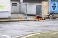 Essen , Germany - January 18 2018 : Temporary traffic lights overturned by the storm Friederike at the street crossing