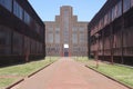 Facade of historic headquarter building of mine Zeche Zollverein. Nowadays it serves as red dot industry museum in Essen