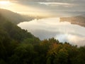 Essen, Germany - View of Lake Baldeneysee and Ruhr river at foggy sunrise. A beautiful autumn landscape. Gold autumn Royalty Free Stock Photo