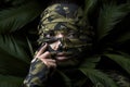 Portrait of beautiful young woman in camouflage cloth. Fashion shot. Generated AI
