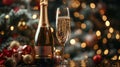 Midnight Toast: Celebrating with a Dark Festive Glass of Champagne and Bottle on Bokeh Background Royalty Free Stock Photo