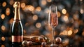 Midnight Toast: Celebrating with a Dark Festive Glass of Champagne and Bottle on Bokeh Background Royalty Free Stock Photo